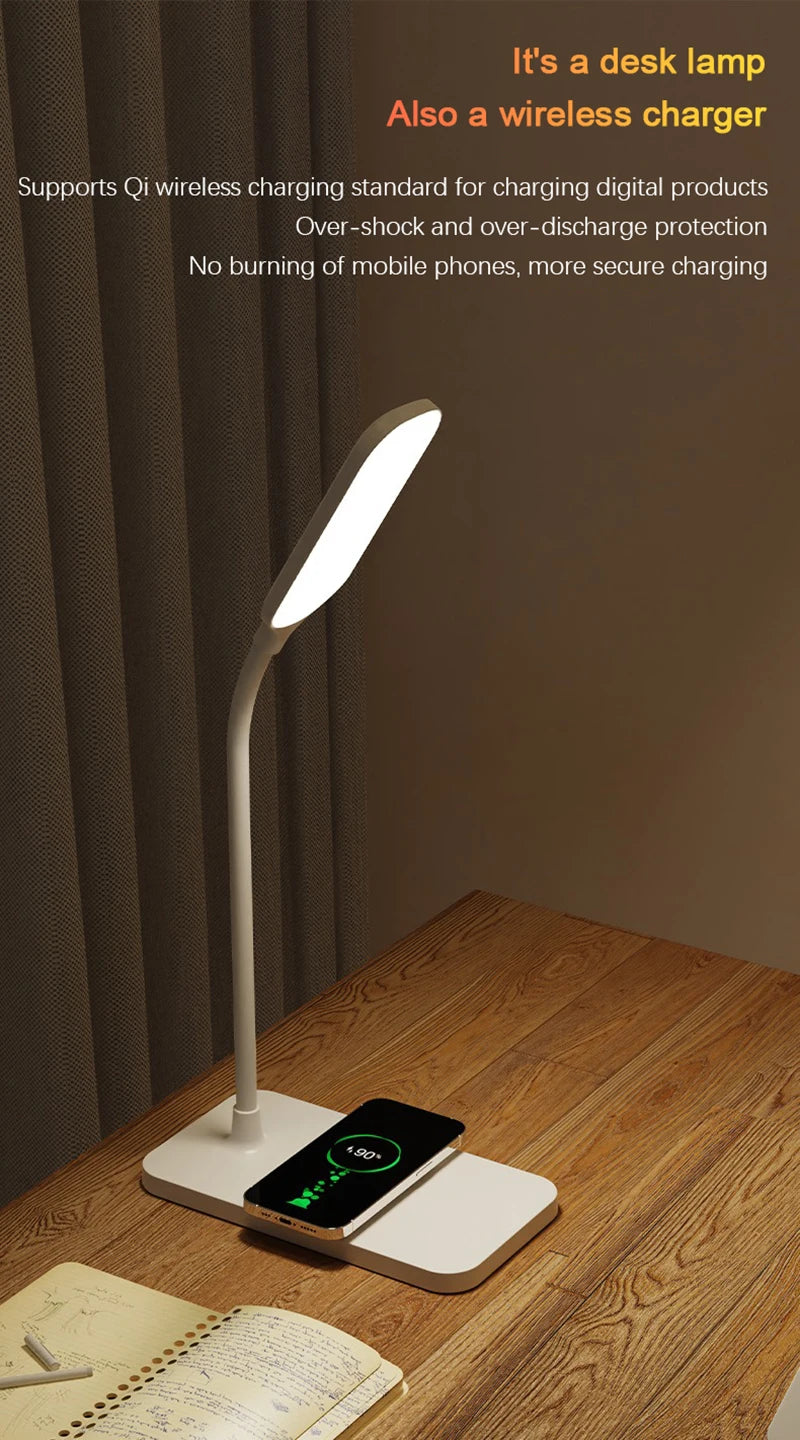 LED Desk Lamp with Wireless Charger and USB Plug in Port Bedside Night Light Touch Dimmable Eye-Caring for Gaming Reading Home